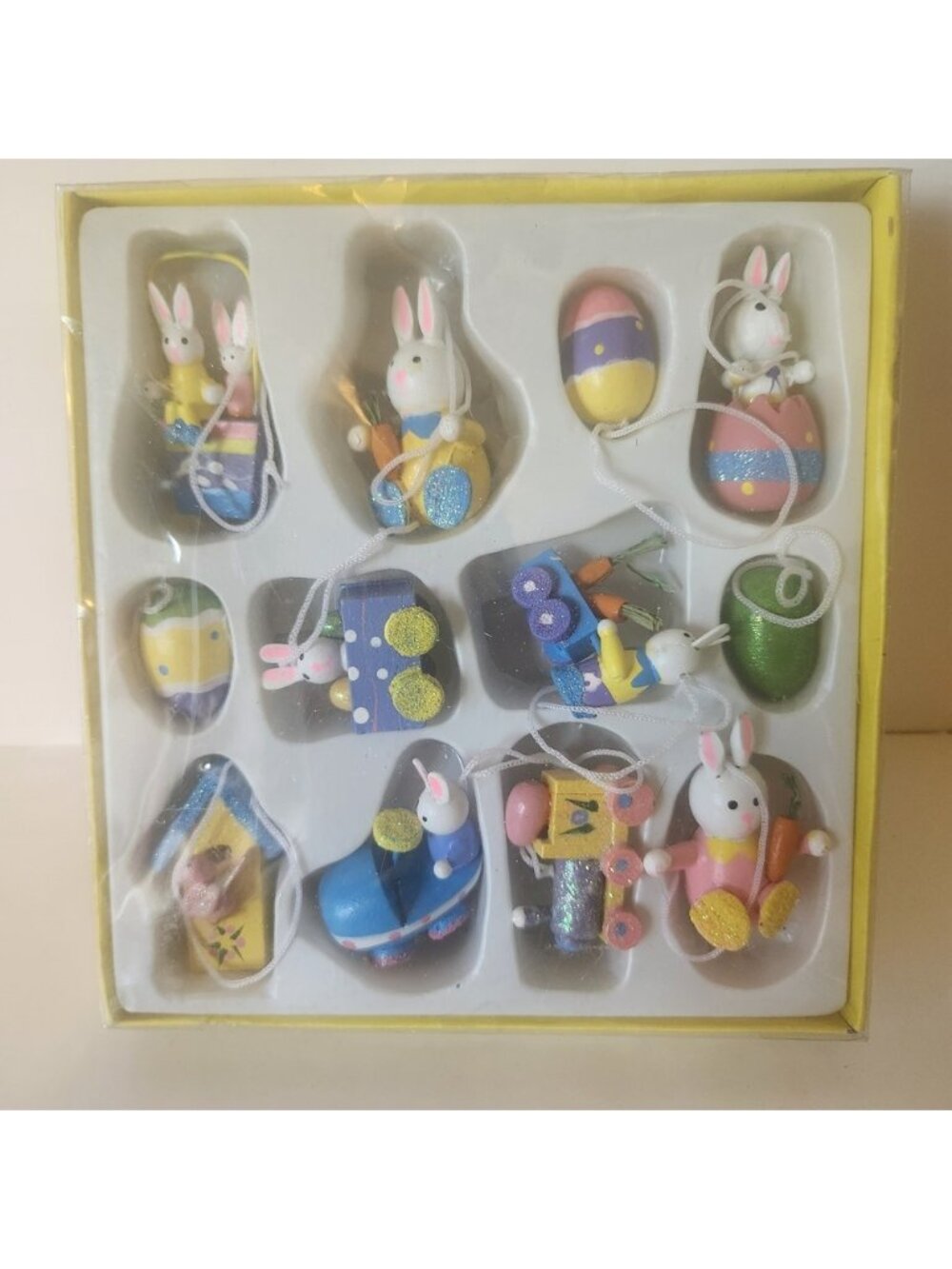 Vintage Wooden Easter Ornaments Set 12pc Miniature Bunny Egg Birdhouse Glitter